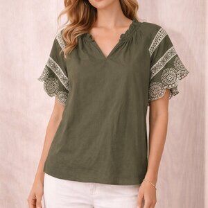 Talbots Olive Green Cotton Blouse Size L | Boho Embroidered Flutter Sleeve Top
